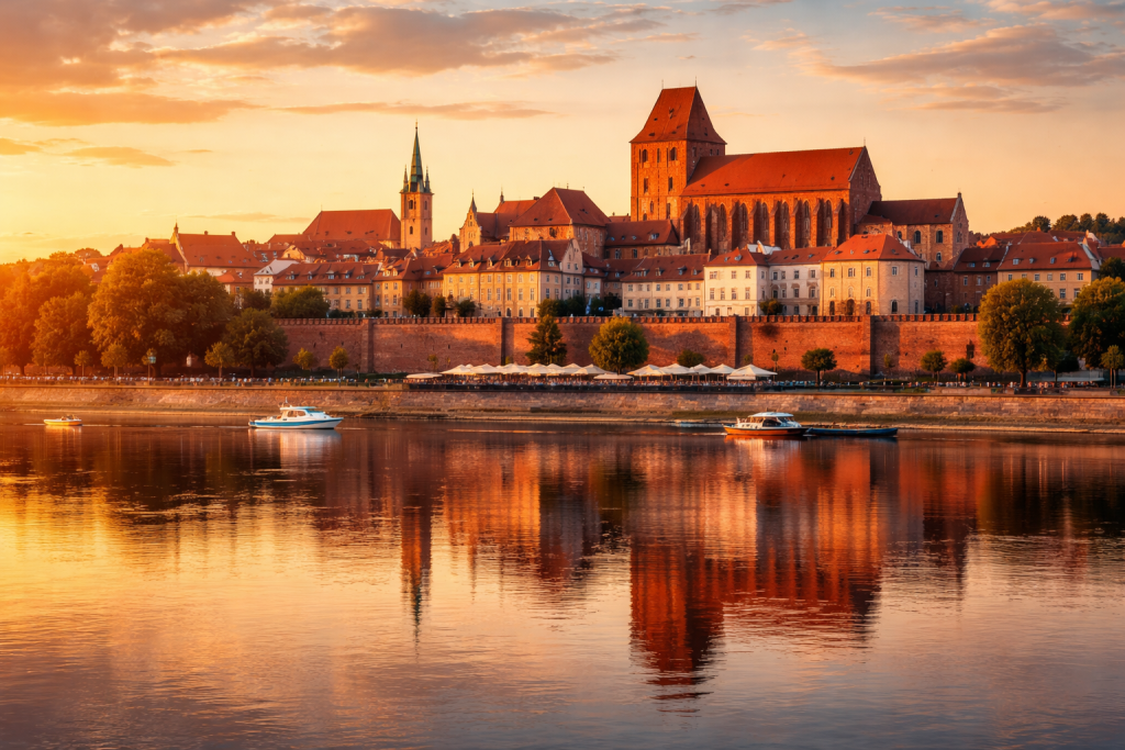 Toruń stare miasto panorama nad Wisłą zachód słońca