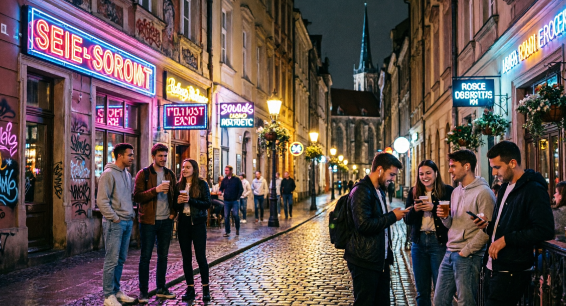 Grupa młodych ludzi bawiących się w nowoczesnym klubie nocnym w centrum Warszawy.